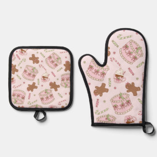 Cozy Pink Pastel Cake & Bow Christmas Apron Ofenhandschuh & Topflappen-Set