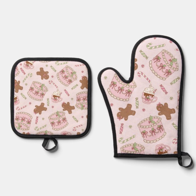 Cozy Pink Pastel Cake & Bow Christmas Apron Ofenhandschuh & Topflappen-Set (Vorderseite)
