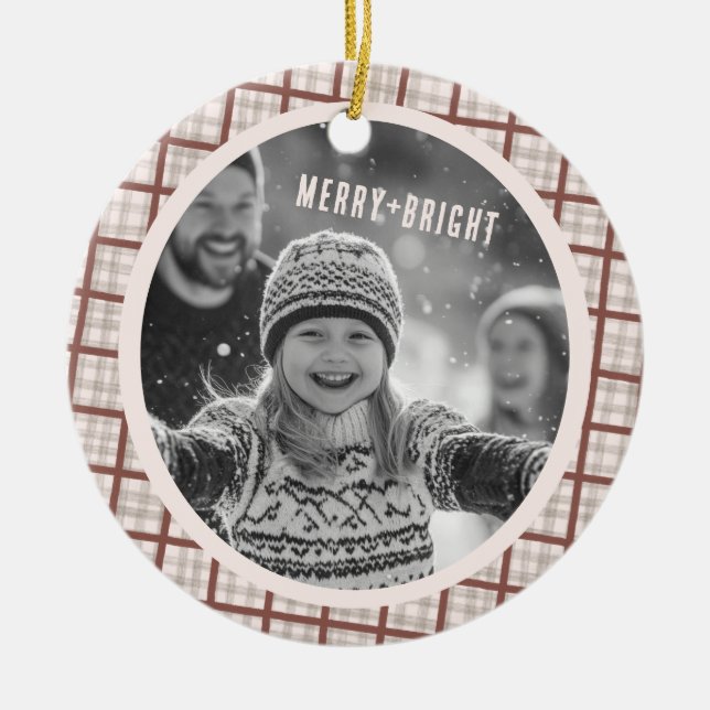 Cozy Plaid Gingham Christmas Custom Photos Keramik Ornament (Vorne)
