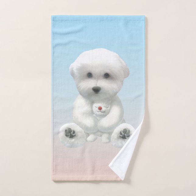 Cozy Plush Moment: Smiling Bichon Hugging Mini Pup (Serviette à main)