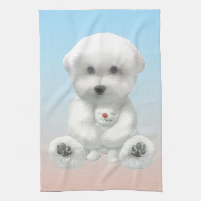 Cozy Plush Moment: Smiling Bichon Hugging Mini Pup Geschirrtuch (Vertikal)