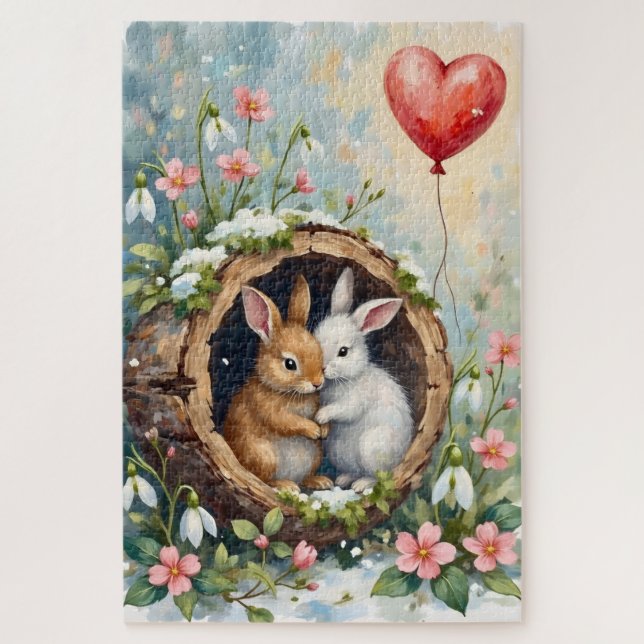 Cozy Rabbits Huddled with Valentine Balloon (Vertikal)