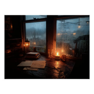 Cozy Rainy Window Candle Glow Scene Poster