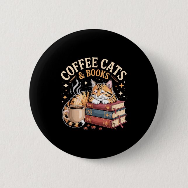 Cozy Reading Cat Coffee And Books Lover Artwork  Button (Vorderseite)