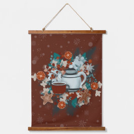 Cozy Red Cottagecore Winter Tea Scene  Wandteppich Mit Holzrahmen