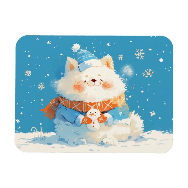 Cozy Samoyed Dog with Mini Snowman Magnet (Horizontal)