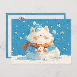 Cozy Samoyed Dog with Mini Snowman Postkarte