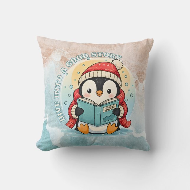 Cozy Scholar Penguin Reading Book Throw Pillow Kissen (Vorderseite)