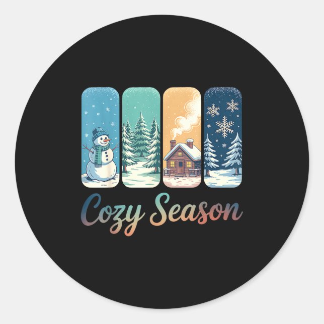 Cozy Season Winter Wonderland Cabin Snowman Snowfl Runder Aufkleber (Vorderseite)