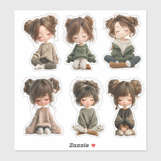Cozy Sitting Chibi Girl Sticker Sheet (Blatt)