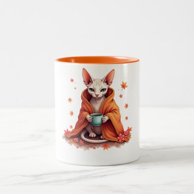 Cozy Sphynx Cat Mug - Autumn Fall Blanket & Coffee Zweifarbige Tasse (Mittel)