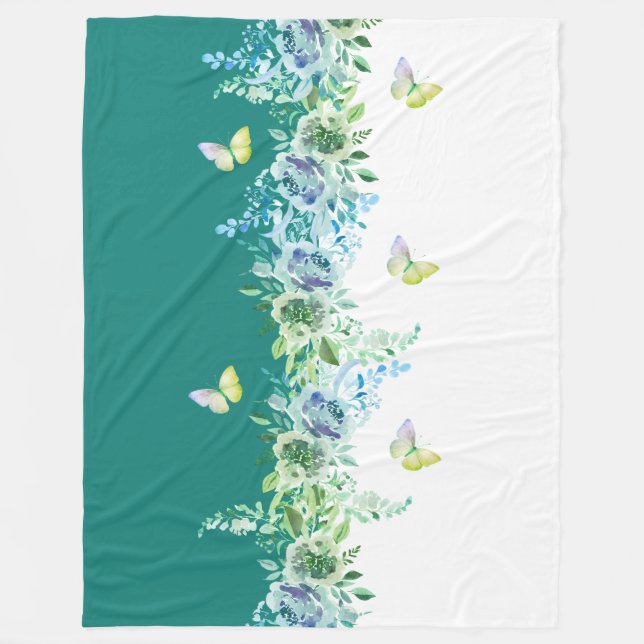 Cozy Teal Floral and Butterfly Sherpa Throw Fleecedecke (Vorderseite)