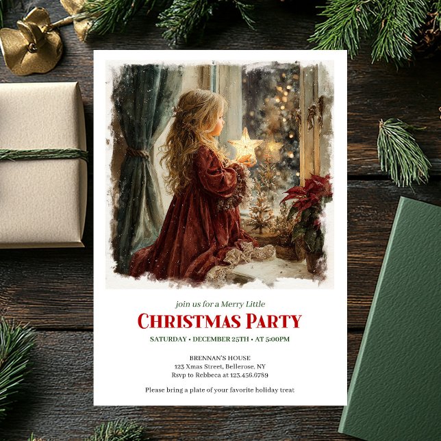 Cozy Victorian Little Girl Awaiting Santa Download Einladung (Cozy Victorian Little Girl Awaiting Santa Download Invitation )