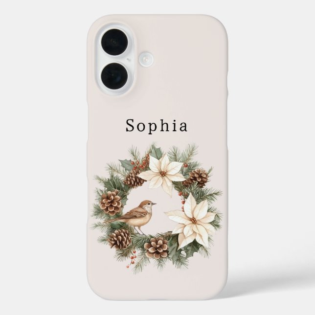 Cozy Warm Christmas Poinsettia Pine Cones Bird iPhone 16 Hülle (Rückseite)