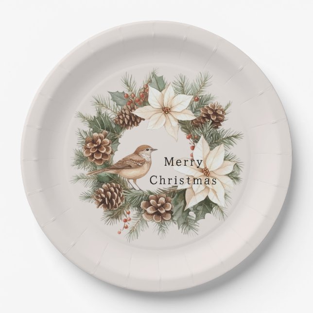 Cozy Warm Christmas Poinsettia Pine Cones Bird Pappteller (Vorderseite)