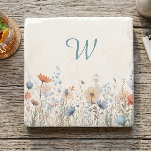 Cozy Wildflower Meadow Monogram – Botanical  Steinuntersetzer (Wildflower monogram drink coaster)