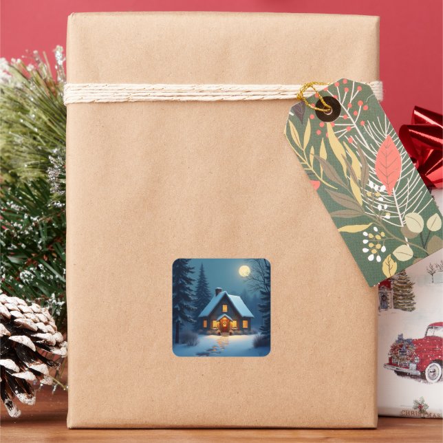 Cozy Winter Cabin Christmas Quadratischer Aufkleber (Feiertag)