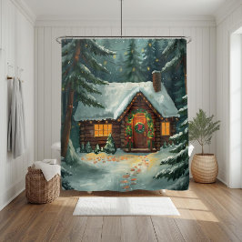 Cozy Winter Cabin in Forest Christmas  Duschvorhang