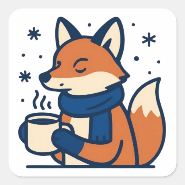 Cozy Winter Fox with Hot Cocoa  Quadratischer Aufkleber (Vorderseite)