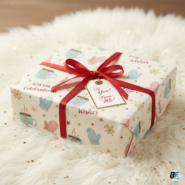 Cozy Winter Mug Mitten Pattern "Happy New Year" Geschenkpapier Set (Von Creator hochgeladen)