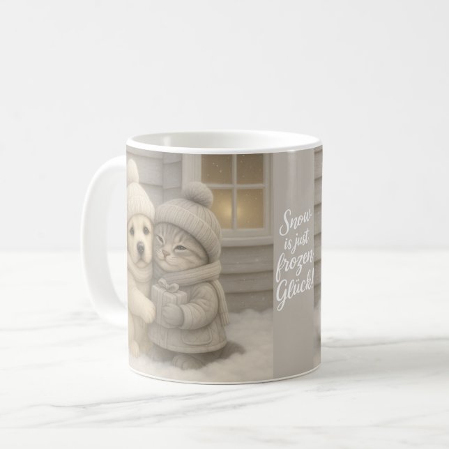 Cozy Winter Mug with Puppy and Kitten Illustration Kaffeetasse (Vorderseite Links)
