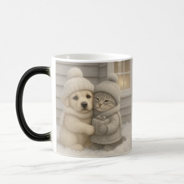 Cozy Winter Mug with Puppy and Kitten Illustration Verwandlungstasse (Links)