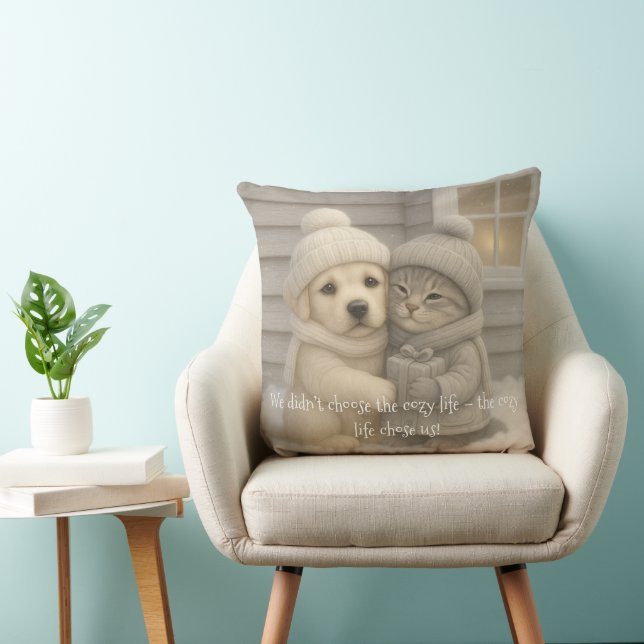 Cozy Winter Pillow with Puppy and Kitten in Hats Kissen (Stuhl )