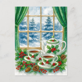 Cozy Winter Tea by the Window Postcard Feiertagspostkarte