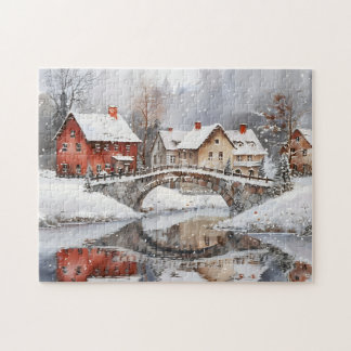 Cozy Winter Village Bridge Watercolor Christmas