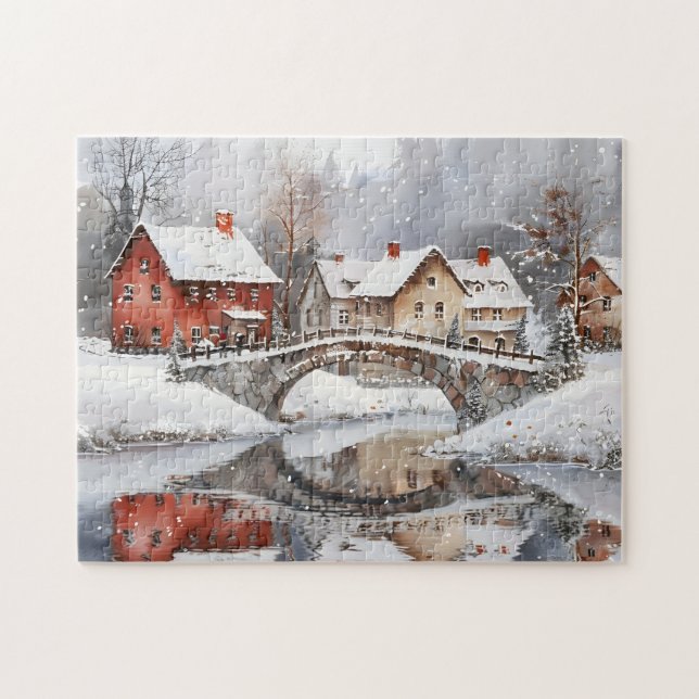 Cozy Winter Village Bridge Watercolor Christmas (Horizontal)