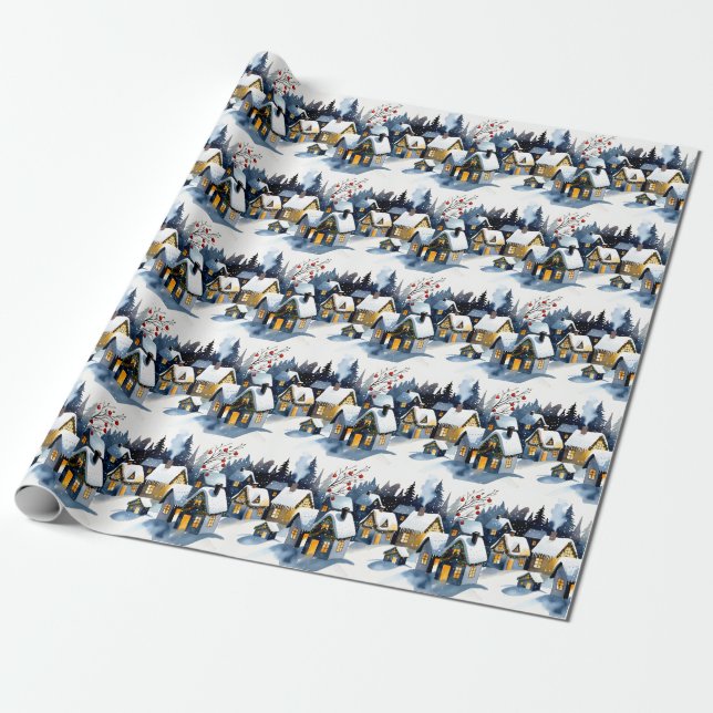 Cozy Winter Village Watercolor Christmas  Geschenkpapier (Ungerollt)