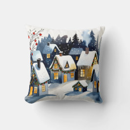 Cozy Winter Village Watercolor Christmas Kissen