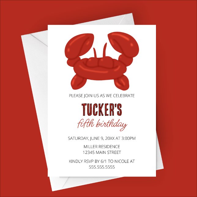 Crab Balloon Animal Birthday Party Einladung (Red Crab Balloon Animal Birthday Party Invitation)
