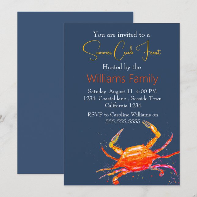 Crab Beach Coastal Nautical Seafood Boil Einladung (Vorne/Hinten)