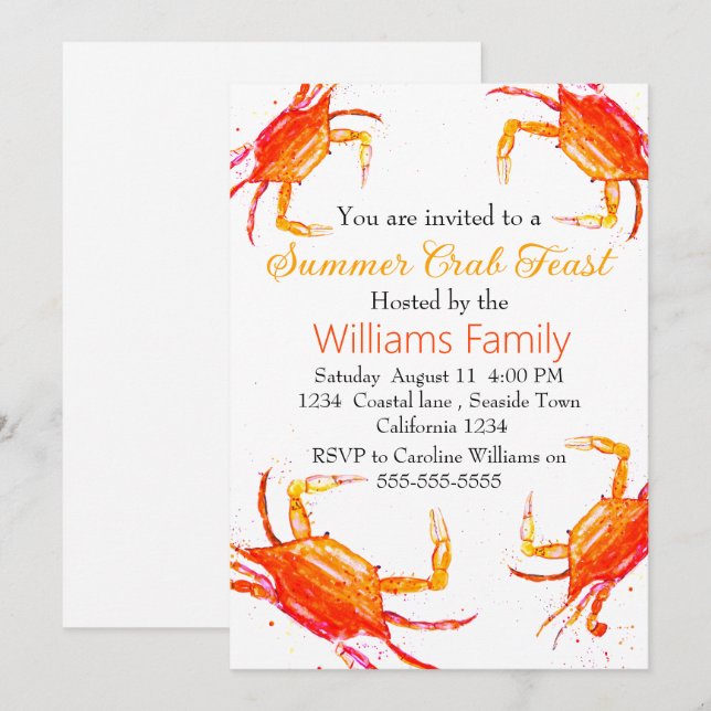 Crab Beach Coastal Nautical Seafood Boil Einladung (Vorne/Hinten)