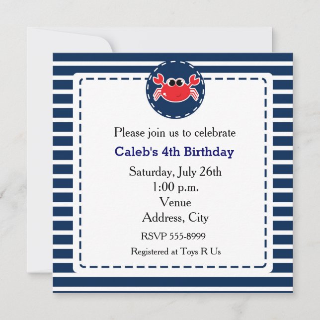 Crab Beach Navy frappe Nautical Party Invitation (Devant)