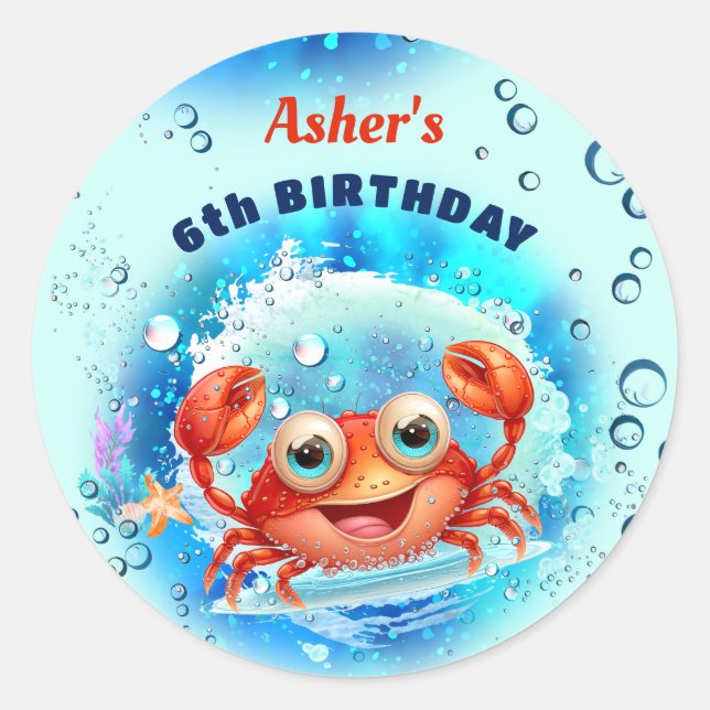 Crab Blue Birthday Pool Party Boy Custom Age Runder Aufkleber (Vorderseite)