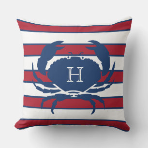 Crab Blue Navy Red White Nautical Modern Strips Kissen