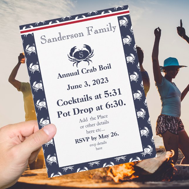 Crab Boil Invite Red Navy Blue White Coastal Party Einladung (Von Creator hochgeladen)
