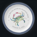 Crab Fest Party Pappteller<br><div class="desc">Diese Krebspackplatte wurde zur Koordination mit Do Tell A Belle's Crab Boil Summer Party Kollektion konzipiert und ist mit einer Nachbildung meiner originalen Aquarellkunst versehen, die von einem marineblauen Rand umgeben ist. Personalisieren Sie mit Ihren Namen, Ereignissen und Datum. Ideal für einen Meeresfrüchtekoch oder für einen kleinen Koch auf dem...</div>