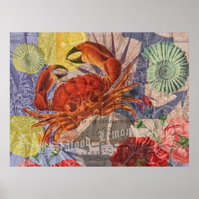 Crab Nautical Beach Seafood Art Poster (Vorne)