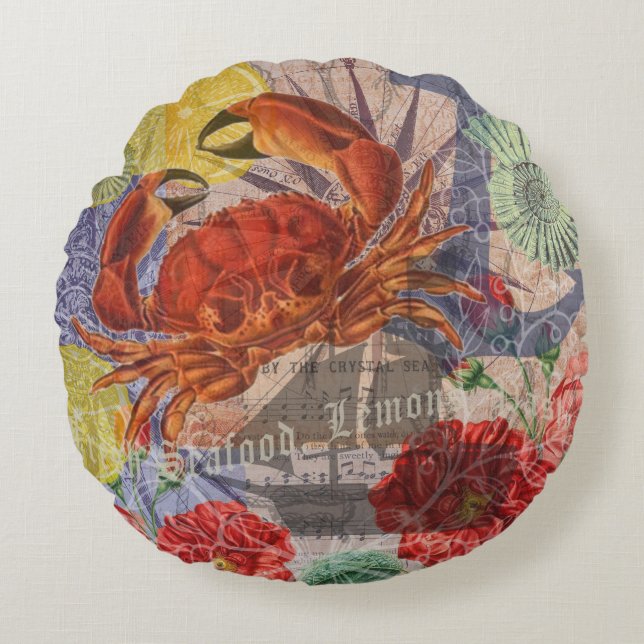 Crab Nautical Beach Seafood Art Rundes Kissen (Vorderseite)