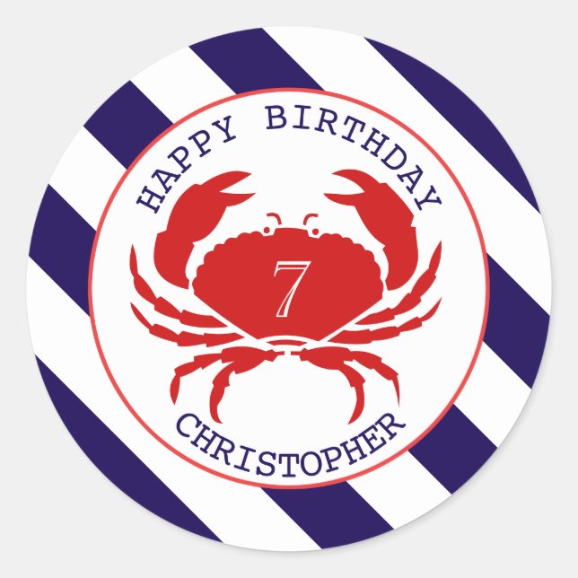 Crab Nautical Birthday Party Einladung Runder Aufkleber (Vorderseite)