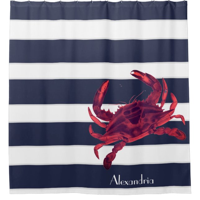Crab Nautical Burgundy Maroon Red Gray Navy Blue Duschvorhang (Vorderseite)