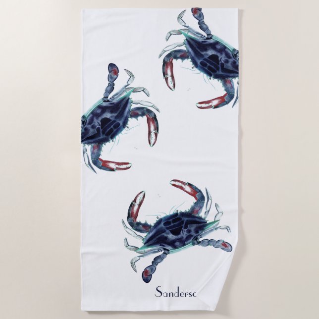 Crab Nautical Navy Blue und White Beach Towel Strandtuch (Vorderseite)