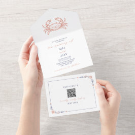 Crab Rustic Beach Wedding Red & Blue QR Code UAWG All In One Einladung
