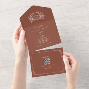 Crab Rustic Beach Wedding Terracotta QR All In One Einladung