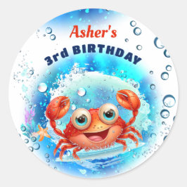 Crab White Blue Birthday Pool Party Boy Custom Age Runder Aufkleber