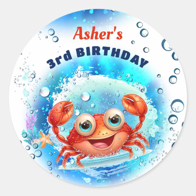 Crab White Blue Birthday Pool Party Boy Custom Age Runder Aufkleber (Vorderseite)