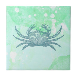 Crabe bleu sur carreau de céramique vert aquarelle